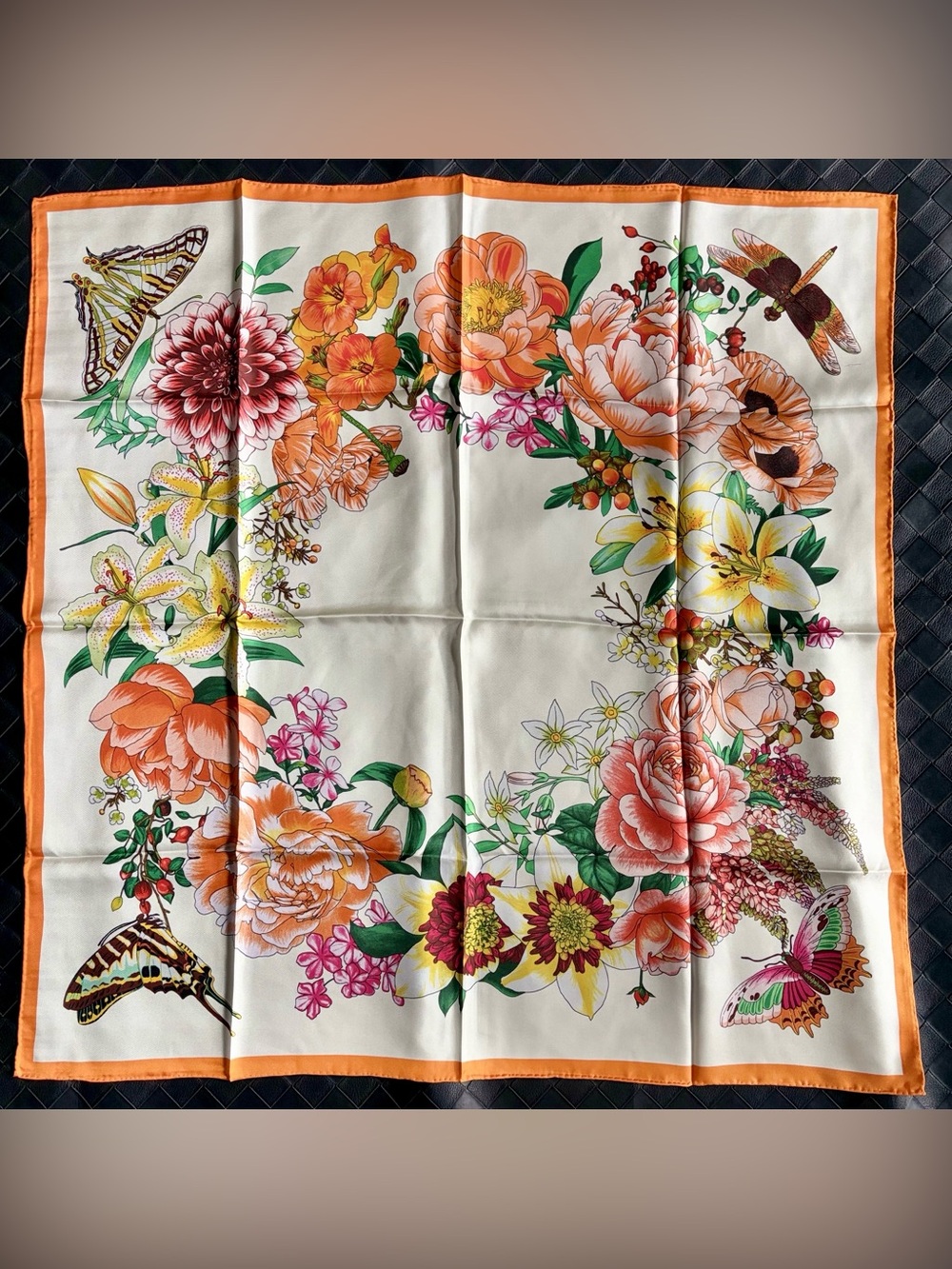 Floral Silk scarf - Orange & Cream with flowers butterfly design